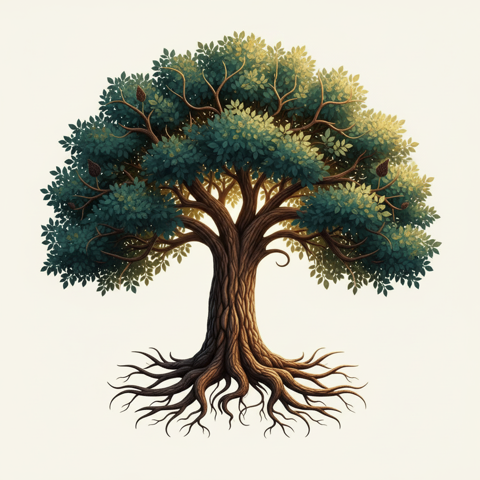 Logo: Baum mit kräftigen Wurzeln und belaubter Krone